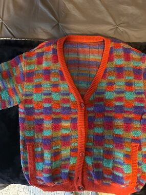 Missoni Multicolor Checker Knit Cardigan - Red Orange Purple Teal
